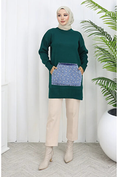 sefamerve Tricotaj Tunica cu buzunar cangur cu detaliu perlat 3030-06 Petrol