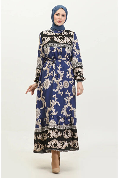 sefamerve Etek Ucu Büzgülü Desenli Elbise 0377-03 Siyah Lacivert