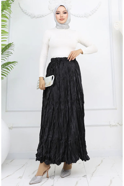 sefamerve Спідниця з еластичним поясом із сатину 0048-05 Чорна