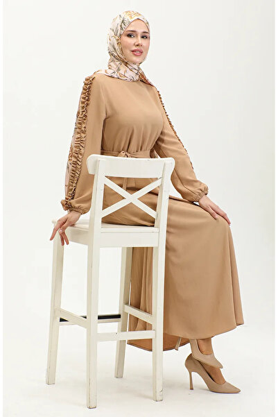 sefamerve Kolları Fırfırlı Düz Elbise 2002-04 Vizon