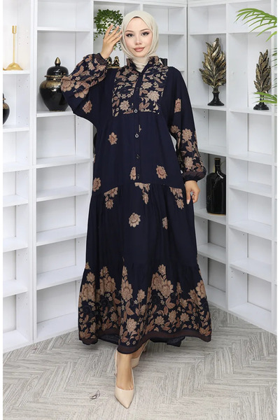 sefamerve Φόρεμα με σχέδιο από ύφασμα βισκόζης 2045-04 Navy Blue