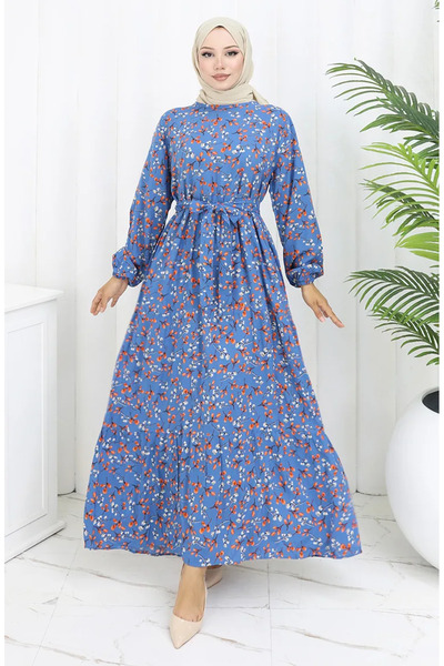 sefamerve Φόρεμα από βισκόζη με φλοράλ σχέδια 0113-01 Μπλε