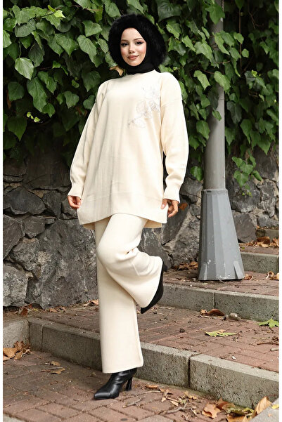 sefamerve Πλεκτά Κεντημένα με λουλούδια Παντελόνια Τουνίκ Διπλό Σετ 1067-06 Μπεζ