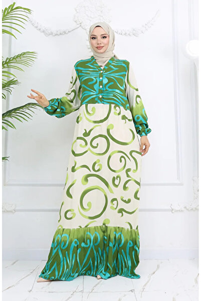 sefamerve Φόρεμα με μισό κουμπί με σχέδιο βισκόζης Μπεζ Χακί 0028-02