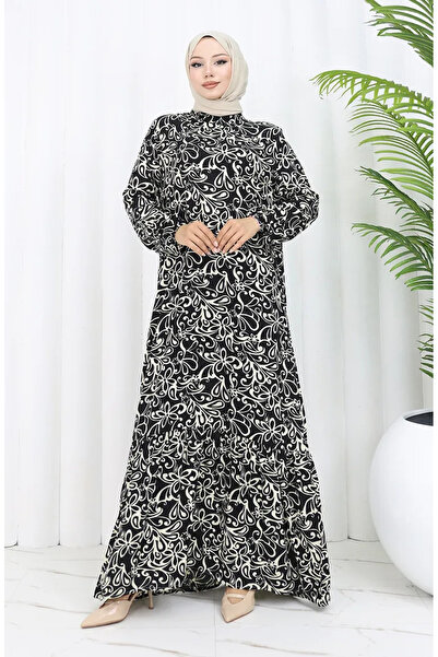 sefamerve فستان منقوش بمقبض من قماش الفسكوز 2036-03 أسود