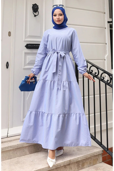 sefamerve Terikoton Striped Dress 0100-01 Navy Blue