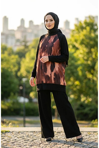 sefamerve Baskılı Piliseli Tunik Pantolon ikili Takım 2215-04 Siyah Kiremit