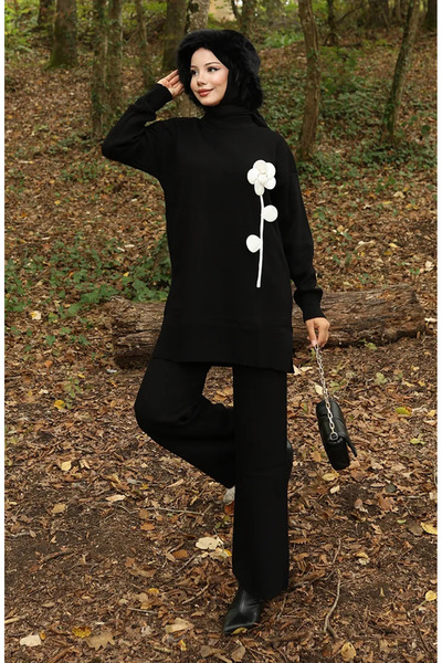 sefamerve طقم مكون من قطعتين من بنطلون التونيك ذو الشكل الزهري 1017-03 أسود