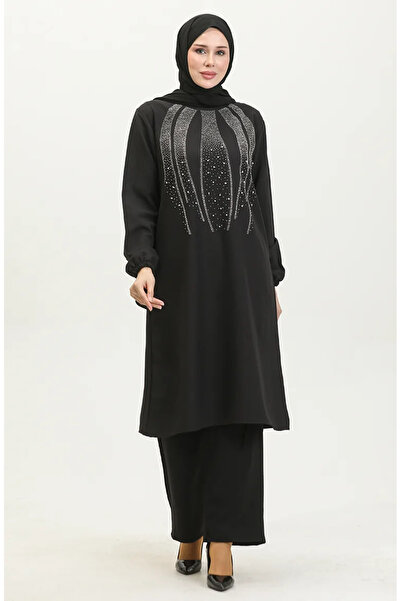 sefamerve Taş Baskılı Abiye Tunik Pantolon İkili Takım 0410-04 Siyah