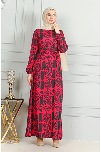 sefamerve Φούξια φόρεμα βισκόζης - με μοτίβο και φύλλο 0499-08