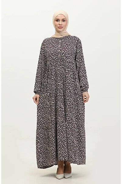 sefamerve Φόρεμα με μωβ μοτίβο βισκόζης Plus Size - 4086-03