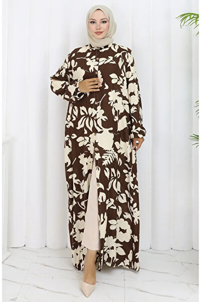 sefamerve Φόρεμα με κουμπιά και σχέδιο από ύφασμα βισκόζης 0121-03 Καφέ