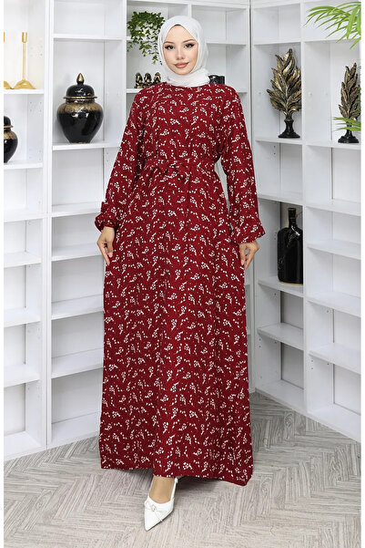 sefamerve Patterned Belted Dress 2049-03 Claret Red