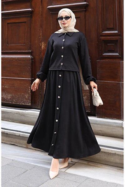 sefamerve Πουκάμισο με γιακά Τουνίκ Φούστα διπλό Σετ 0223-06 Μαύρο