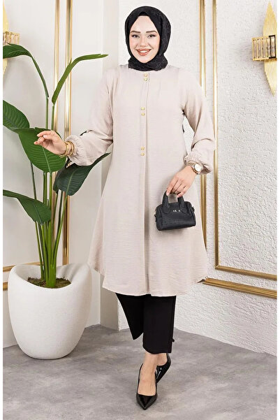 sefamerve Düğme Detaylı Aerobin Tunik 0175-15 Bej