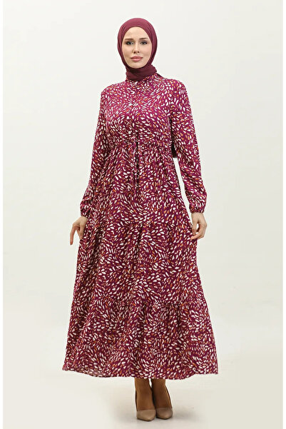 sefamerve Μωβ φόρεμα βισκόζης - Feray 0339-03, κουμπιά μπροστά