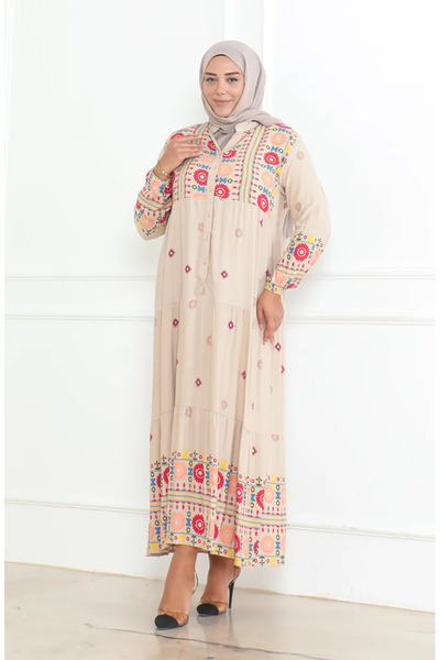 sefamerve Beige Viscose Dress - Plus Size, Patterned and Buttoned 5070-04