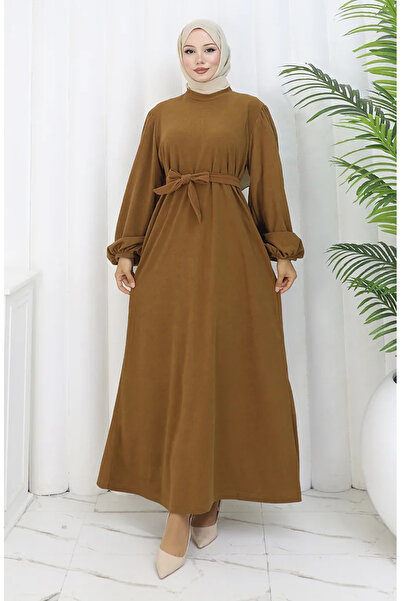 sefamerve فستان بحزام وأكمام مطاطية 2161-01 أسمر