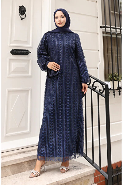 sefamerve Yaprak Desenli Simli Kaplama Abiye Elbise 5612-03 Lacivert