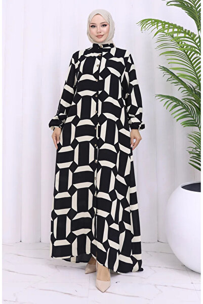 sefamerve Viskon Kumaş Boydan Düğmeli Desenli Elbise 2030-03 Siyah Bej