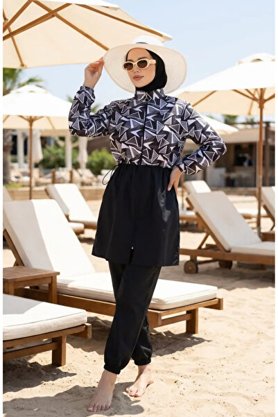 sefamerve Melis Beli Lastikli Tesettür Mayo 5042-01 Siyah Beyaz