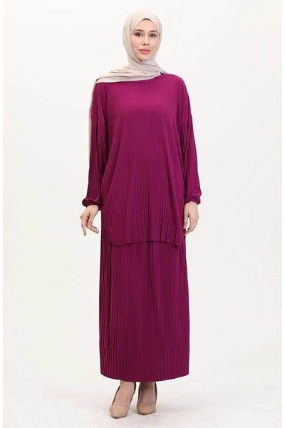 sefamerve Piliseli Tunik Etek İkili Takım 0015-05 Mürdüm