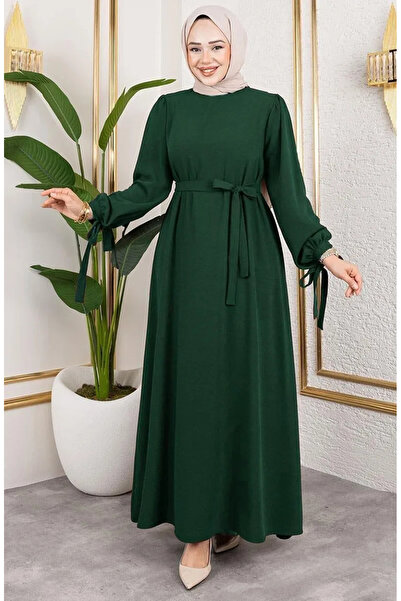 sefamerve Μανσέτα με κορδόνια Hijab φόρεμα 7121-01 Emerald Green