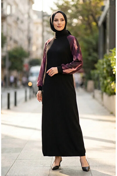 sefamerve Paneled Patterned Hijab Dress 2217-01 Black Purple