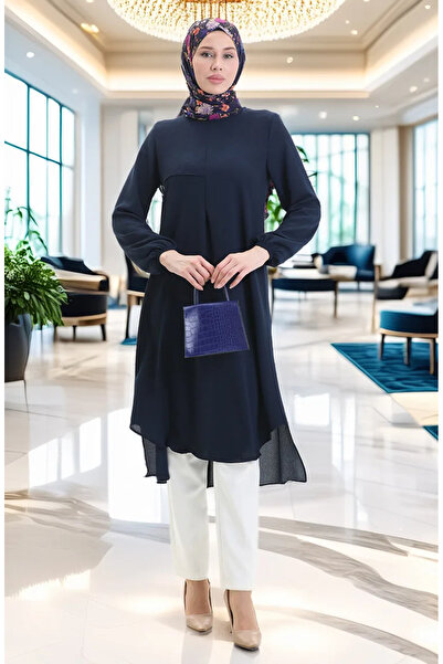 sefamerve تونيكة طويلة مع تفاصيل الإطار 4105-07 أزرق داكن