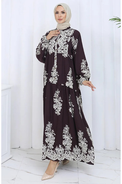 sefamerve Φόρεμα με μισό κουμπί από ύφασμα βισκόζης 2117-02 Καφέ