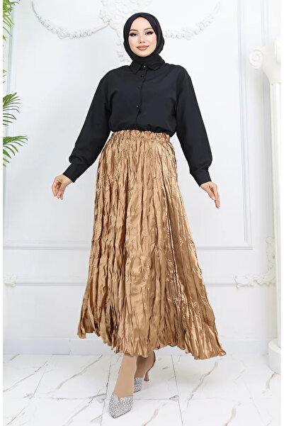 sefamerve Спідниця з еластичним поясом із сатину 0048-08 Гірчичний