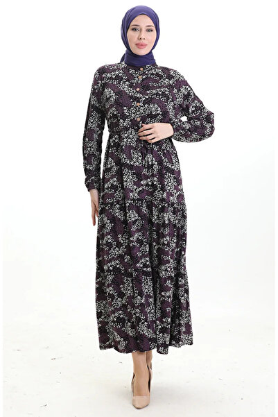 sefamerve Φόρεμα Judge Collar με δετή μέση και σχέδιο 0200-03 Μαύρο Μωβ