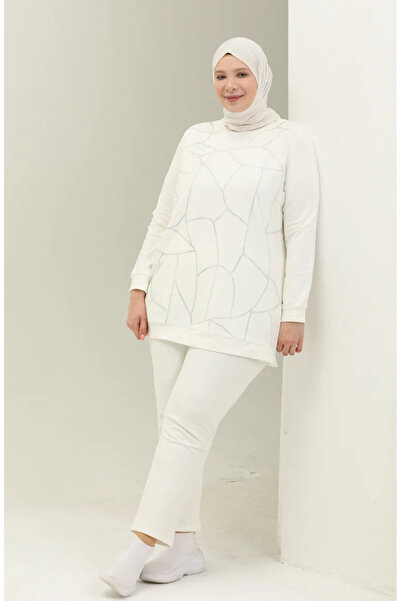 sefamerve Σετ Φόρμας με Σχέδια σε Μεγάλο Μέγεθος 12005-05 Κρεμ