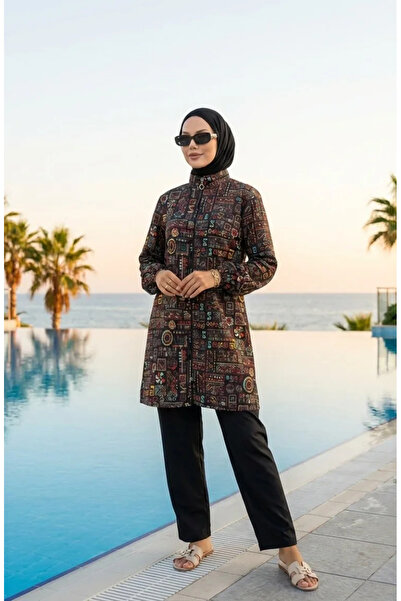 sefamerve Tesettür Mayo Etnik Desen 3 Lü Takım 1903-05 Kahverengi