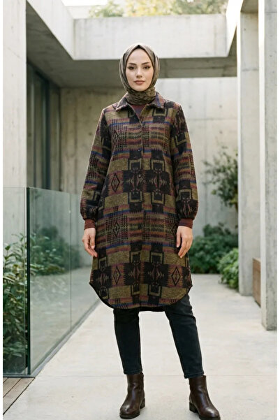 sefamerve تونيك شتوي منقوش بأزرار 2503-03 أرجواني خردلي