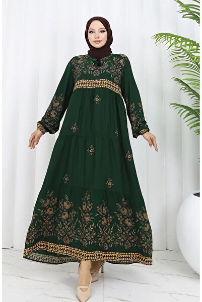 sefamerve Σμαραγδένιο Πράσινο Φόρεμα βισκόζης - Plus Size, Floral Pattern 408...