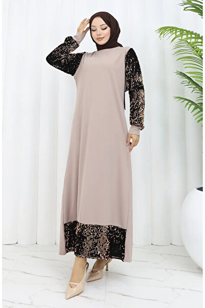 sefamerve Βραδινό φόρεμα με παγιέτες σε μπεζ χρώμα - Μοντέλο 0305-06