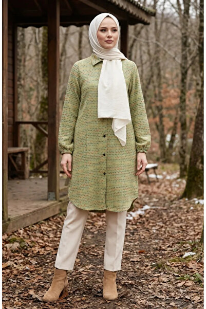 sefamerve Boydan Düğmeli Oduncu Kışlık Tunik 2506-02 Yağ Yeşili