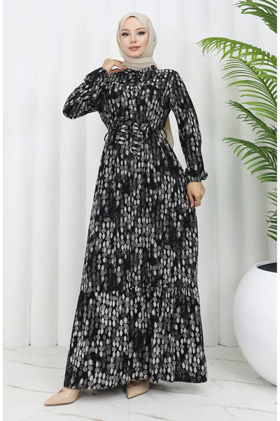 sefamerve Φόρεμα με ζώνη από ύφασμα βισκόζης 4075-05 Μαύρο και άσπρο