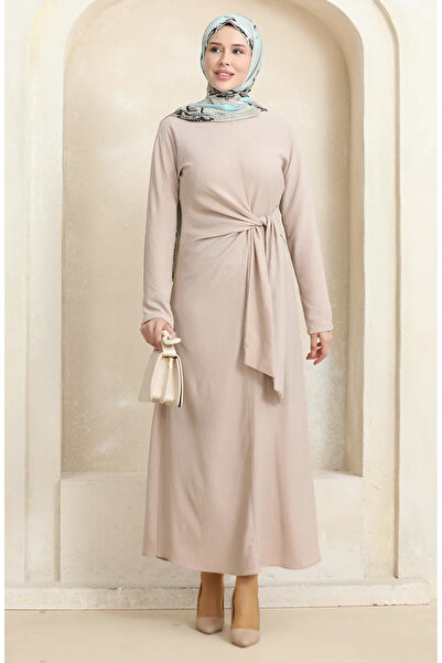 sefamerve Bürümcük Kumaş Yandan Bağlamalı Elbise 1017-03 Vizon