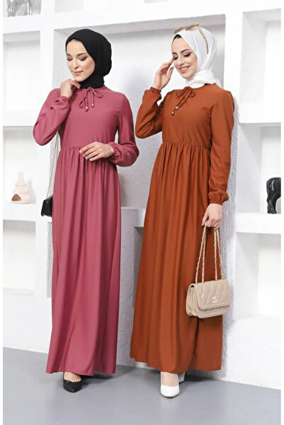 sefamerve Tan 0575-11 Model Gathered Dres Dress