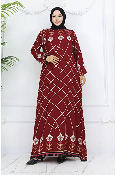 sefamerve فستان من قماش الفيسكوز بأكمام مطاطية 0030-04 أحمر كلاريت