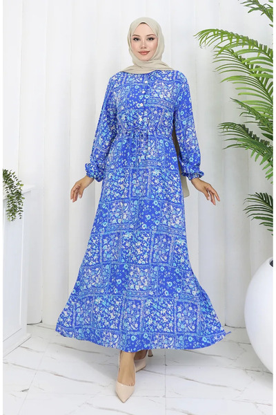 sefamerve Φόρεμα με μοτίβο βισκόζης με κορδόνια στη μέση 2084-02 Indigo