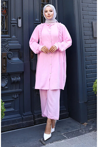 sefamerve Μπροστινό βολάν Τουνίκ Παντελόνι Διπλό Σετ 2128-04 Ροζ