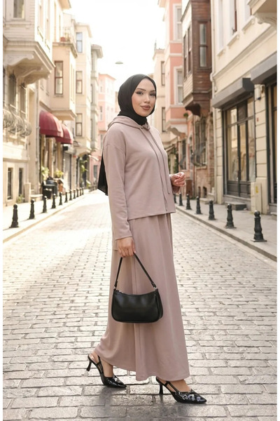 sefamerve Oysho Υφασμάτινη Φούστα Τουνίκ Διπλό Σετ 2192-01 Βιζόν