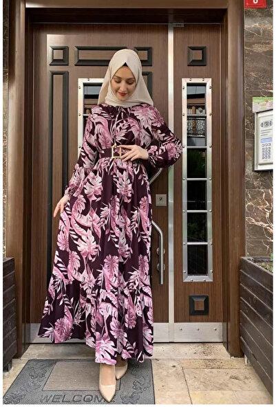 sefamerve Rochie cu Motive Palmier 0228-03 Prune