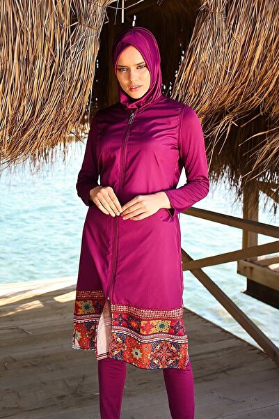 Marina Paraşüt 3'lü Mürdüm Etek Ucu Detaylı Fermuarlı Tam Kapalı Tesettür May...