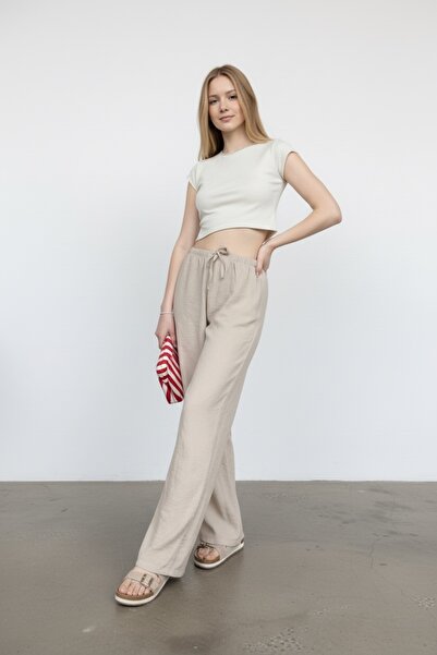 Vireo Club Γυναικείο λινό ελαστικό παντελόνι με φαρδιά μπατζάκια