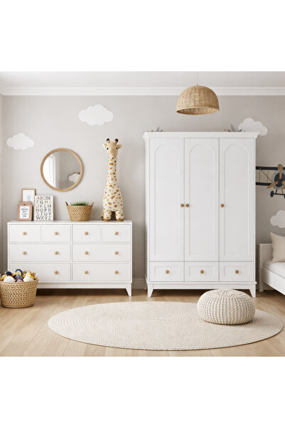 Koza Oslo %100 MDF Düz Desen 3 Kapılı Bebek & Çocuk Gardırop && Bonnie %100 M...