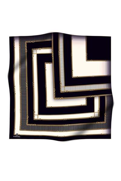 Vissona % 57 İPEK % 43 VİSKON Twill İpek Zincir Detaylı Geometrik Desenli Siy...